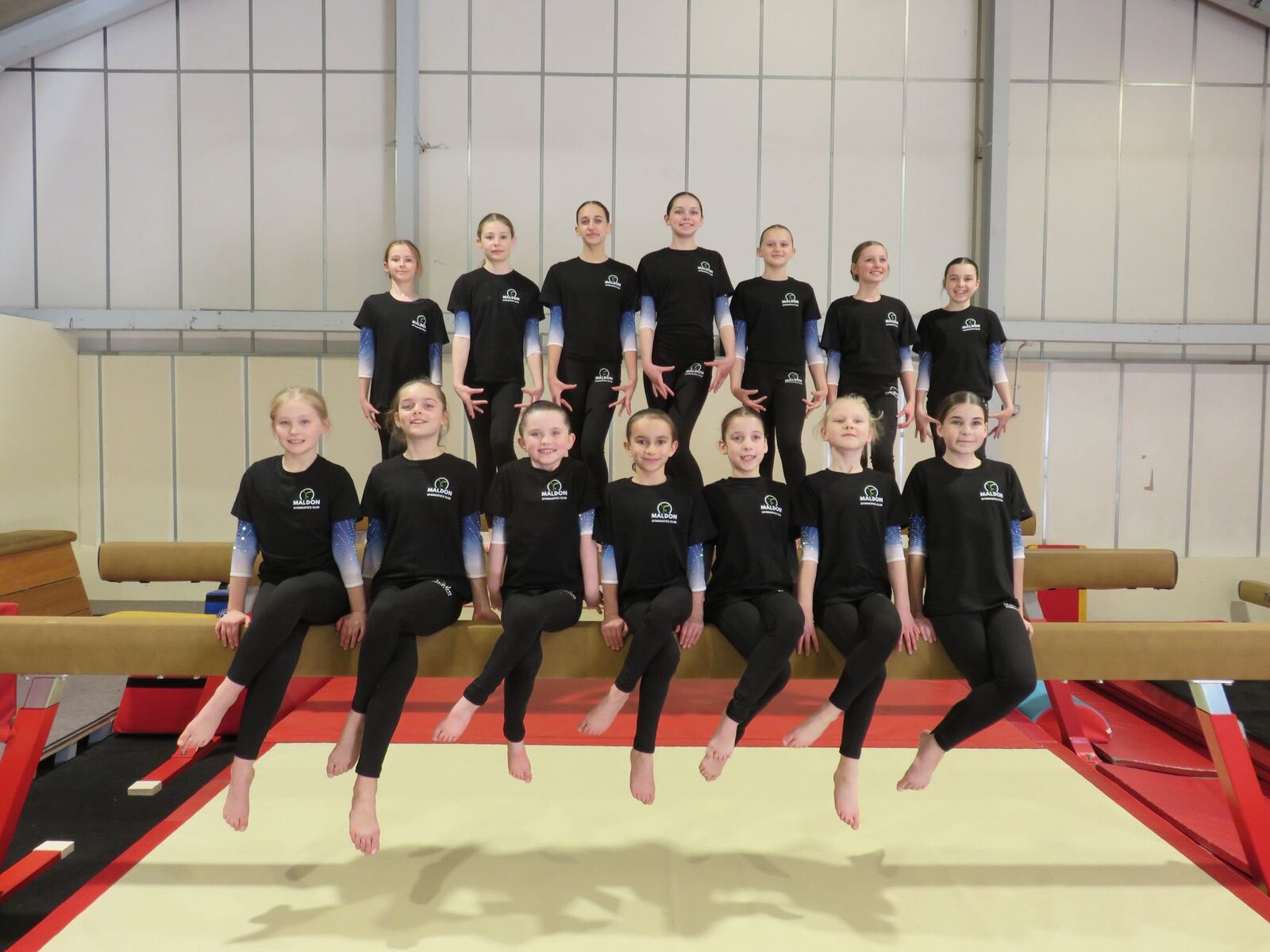 The Maldon Gymnastics Club competition squad together on the beam in club t-shirts