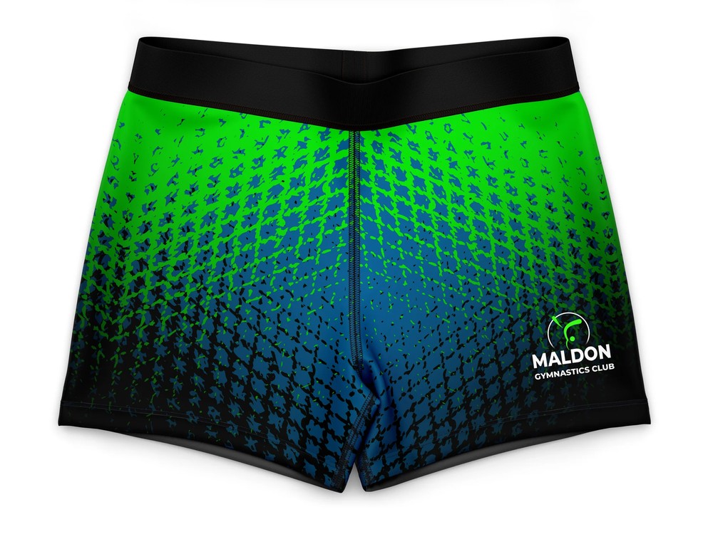 Maldon Gymnastics Club training shorts, green-to-navy design